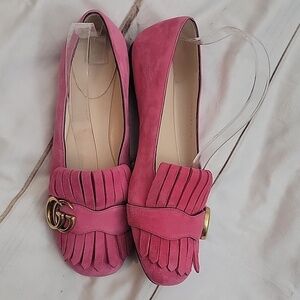 Gucci Womens Scamosciato GG Marmont Fringe Flats Hot Pink size 36 or US 6